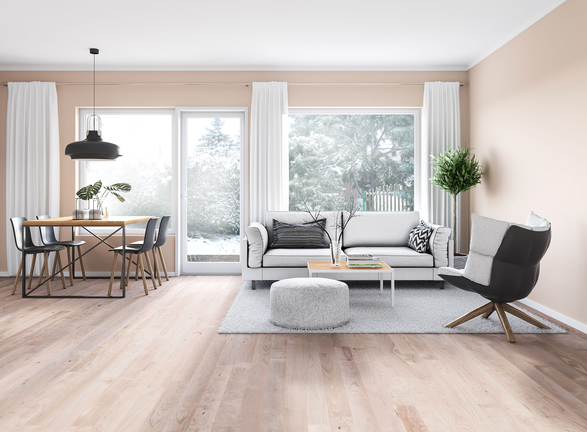 Modern, minimalistisches Wohnzimmer mit warmen Farben 
