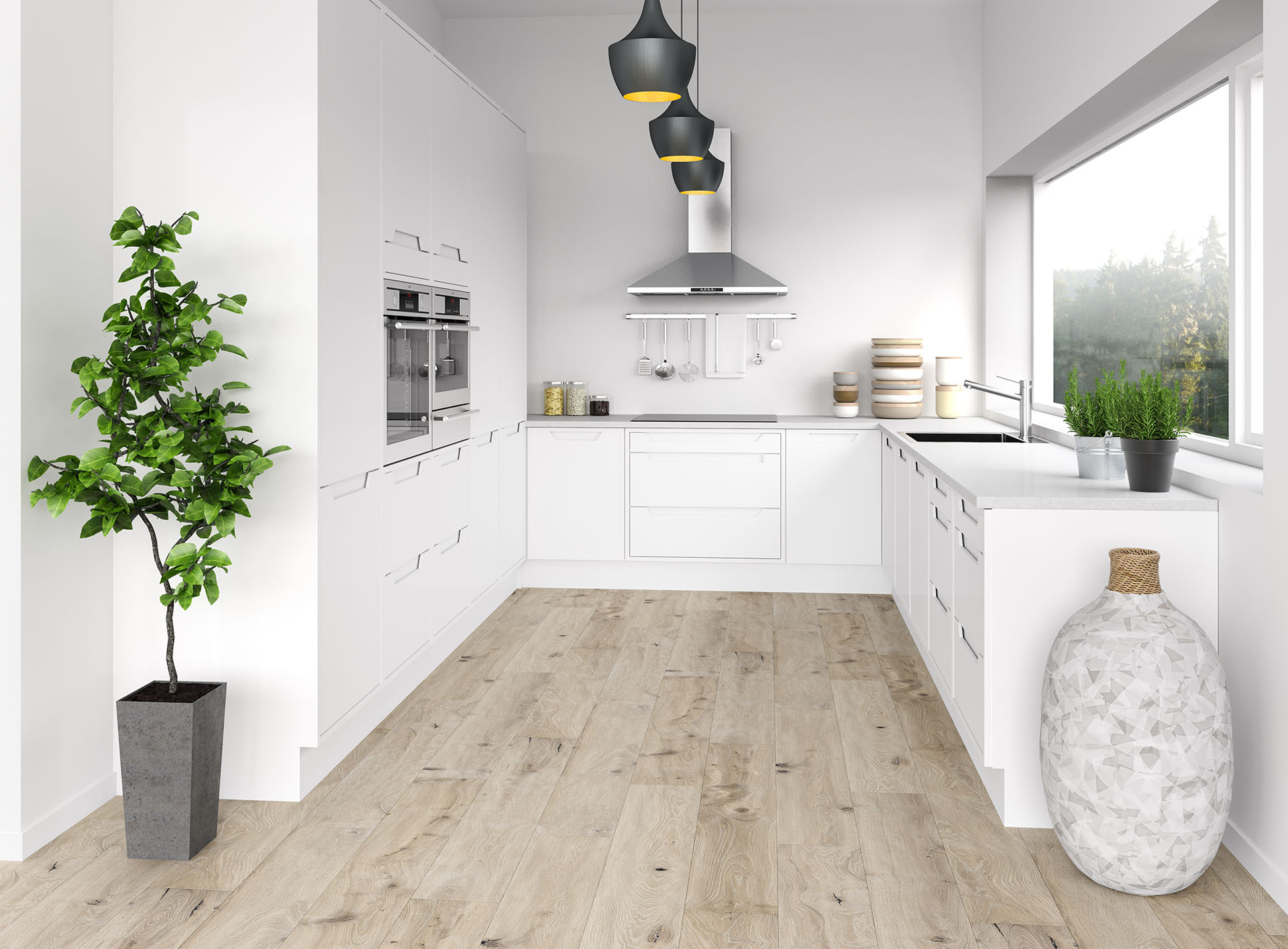 Helle, moderne Küche mit grau-beige farbenem Boden 